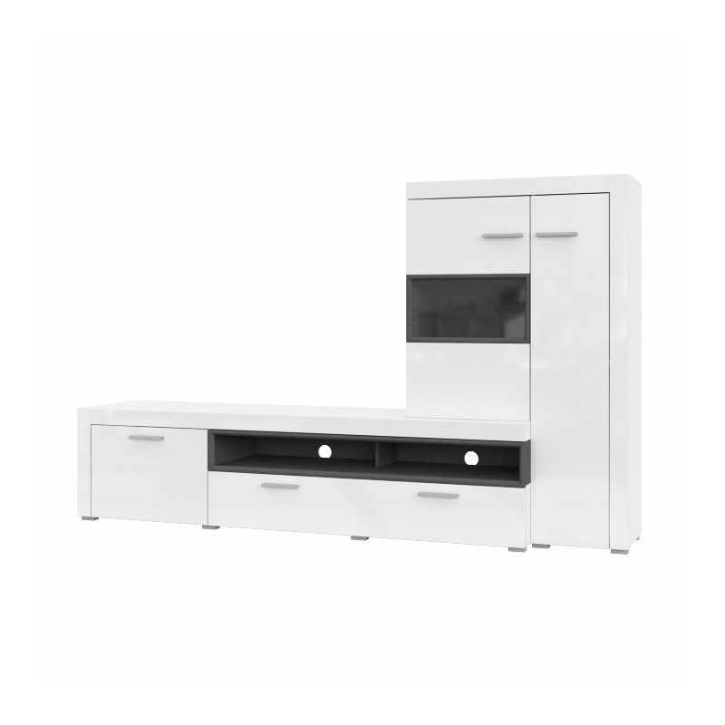 Meuble TV avec vitrine intégrée collection BONO. Couleur blanc et gris anthracite. 4 portes