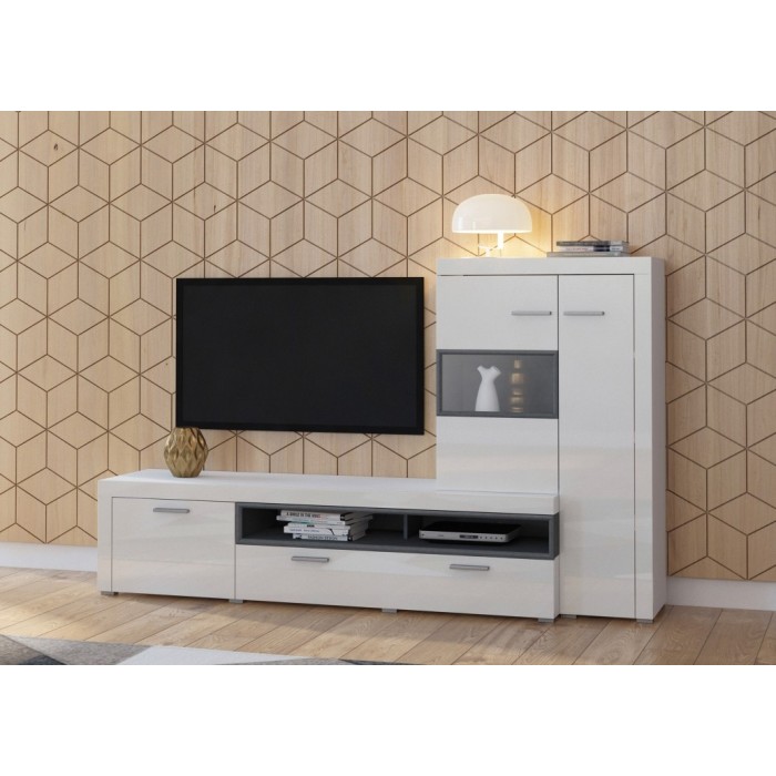 Meuble TV avec vitrine intégrée collection BONO. Couleur blanc et gris anthracite. 4 portes