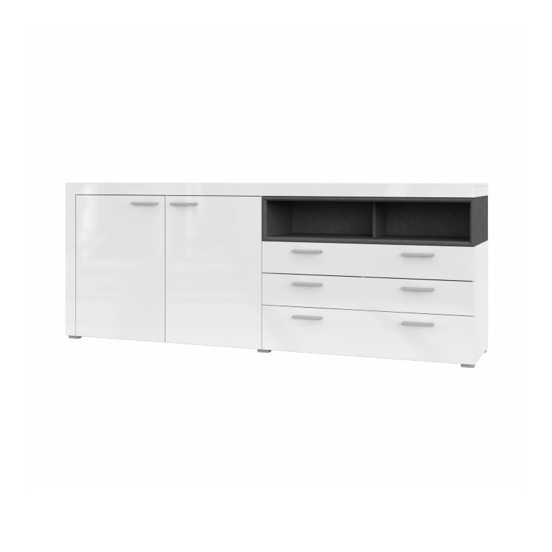 Buffet 220cm collection BONO 3 portes et 2 tiroirs. Couleur blanc et gris anthracite