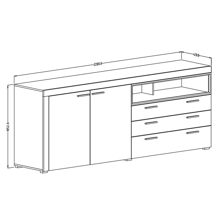 Buffet 220cm collection BONO 3 portes et 2 tiroirs. Couleur blanc et gris anthracite