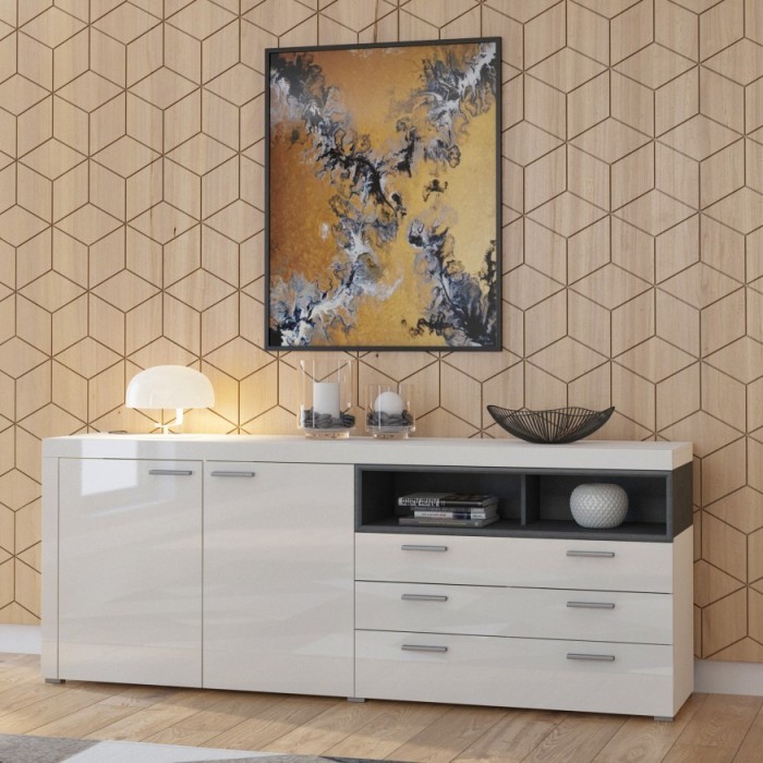 Buffet 220cm collection BONO 3 portes et 2 tiroirs. Couleur blanc et gris anthracite