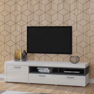 Meuble TV XL 190cm collection BONO. Couleur blanc et gris. 2 portes et 2 niches.
