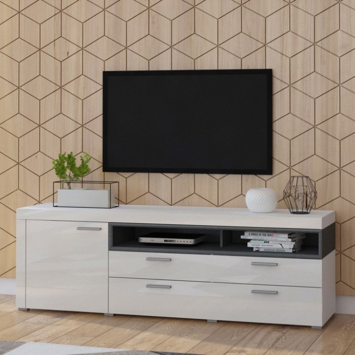 Meuble TV XL 190cm collection BONO. Couleur blanc et gris. 2 portes et 1 tiroir.