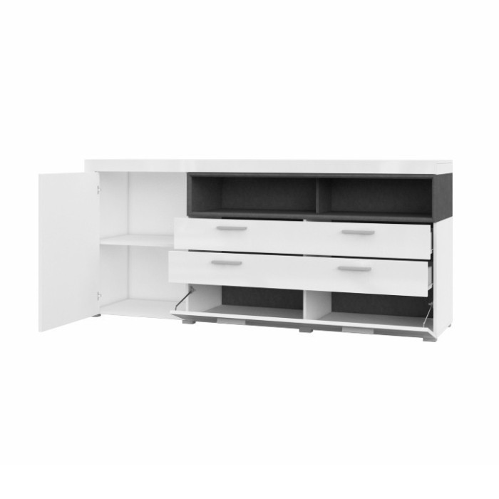 Buffet 190cm collection BONO 2 porte, 2 tiroirs et 2 niches. Couleur blanc et gris