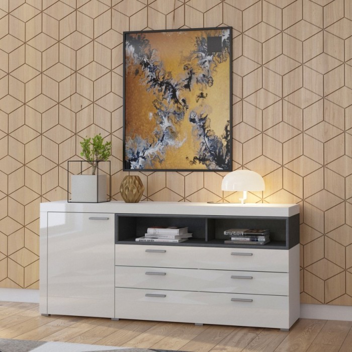 Buffet 190cm collection BONO 2 porte, 2 tiroirs et 2 niches. Couleur blanc et gris