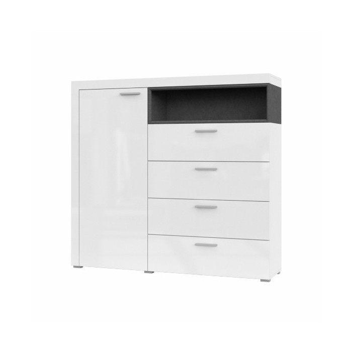 Buffet haut collection BONO avec 1 porte, 4 tiroirs et 1 niche. Couleur blanc et gris.