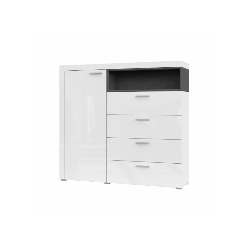 Buffet haut collection BONO avec 1 porte, 4 tiroirs et 1 niche. Couleur blanc et gris.