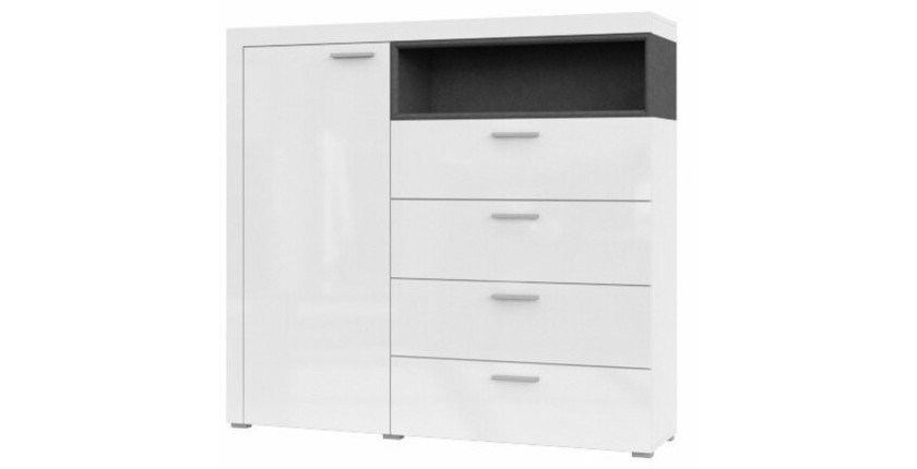 Buffet haut collection BONO avec 1 porte, 4 tiroirs et 1 niche. Couleur blanc et gris.