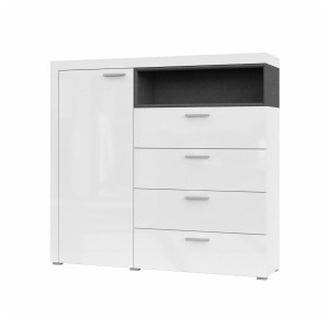 Buffet haut collection BONO avec 1 porte, 4 tiroirs et 1 niche. Couleur blanc et gris.
