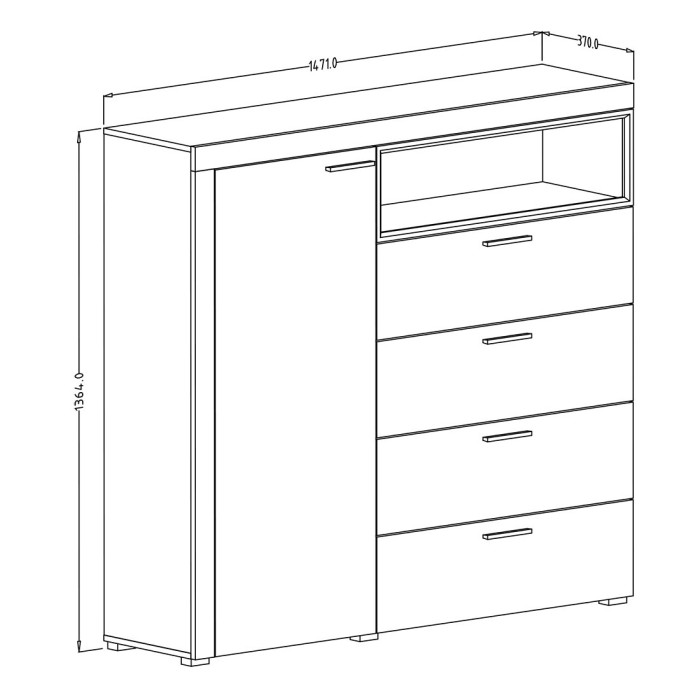 Buffet haut collection BONO avec 1 porte, 4 tiroirs et 1 niche. Couleur blanc et gris.