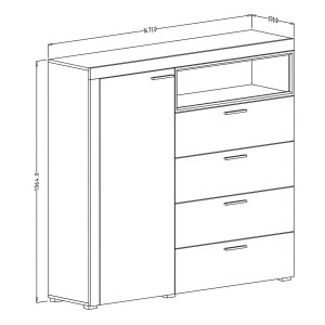 Buffet haut collection BONO avec 1 porte, 4 tiroirs et 1 niche. Couleur blanc et gris.