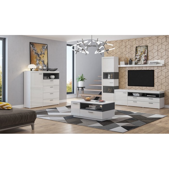 Buffet haut collection BONO avec 1 porte, 4 tiroirs et 1 niche. Couleur blanc et gris.