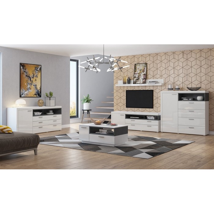 Buffet haut collection BONO avec 1 porte, 4 tiroirs et 1 niche. Couleur blanc et gris.