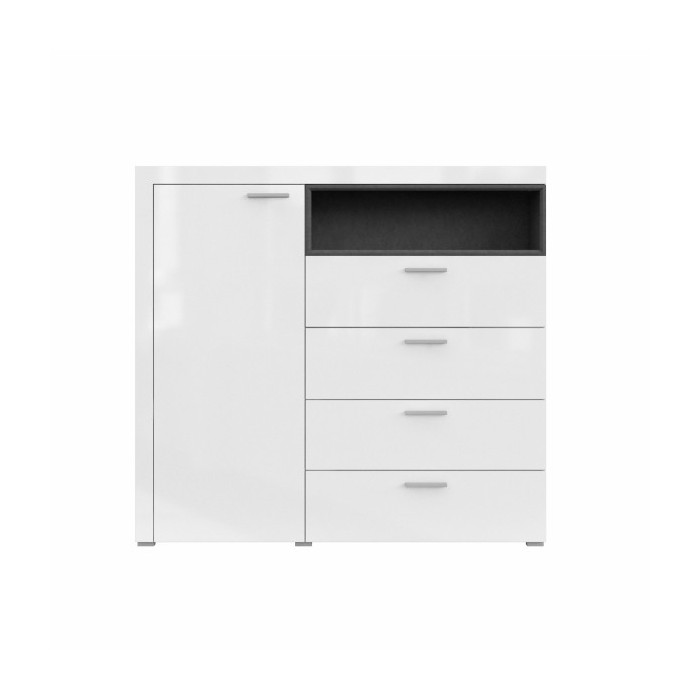 Buffet haut collection BONO avec 1 porte, 4 tiroirs et 1 niche. Couleur blanc et gris.