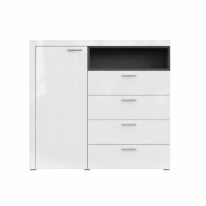 Buffet haut collection BONO avec 1 porte, 4 tiroirs et 1 niche. Couleur blanc et gris.