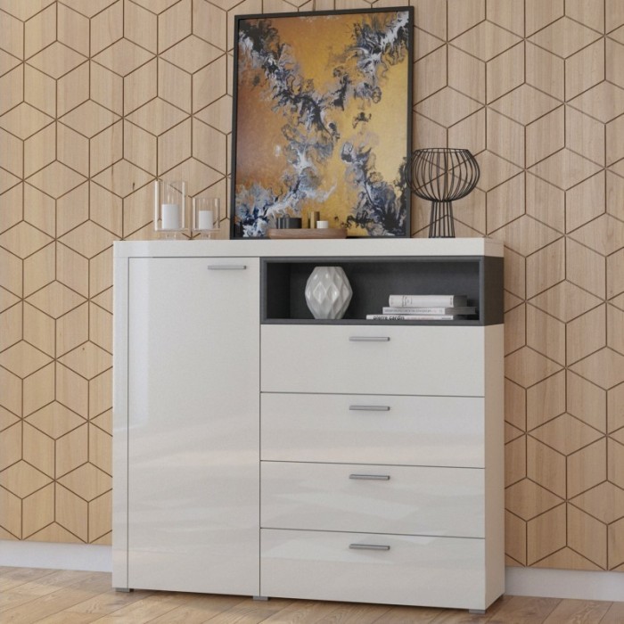 Buffet haut collection BONO avec 1 porte, 4 tiroirs et 1 niche. Couleur blanc et gris.