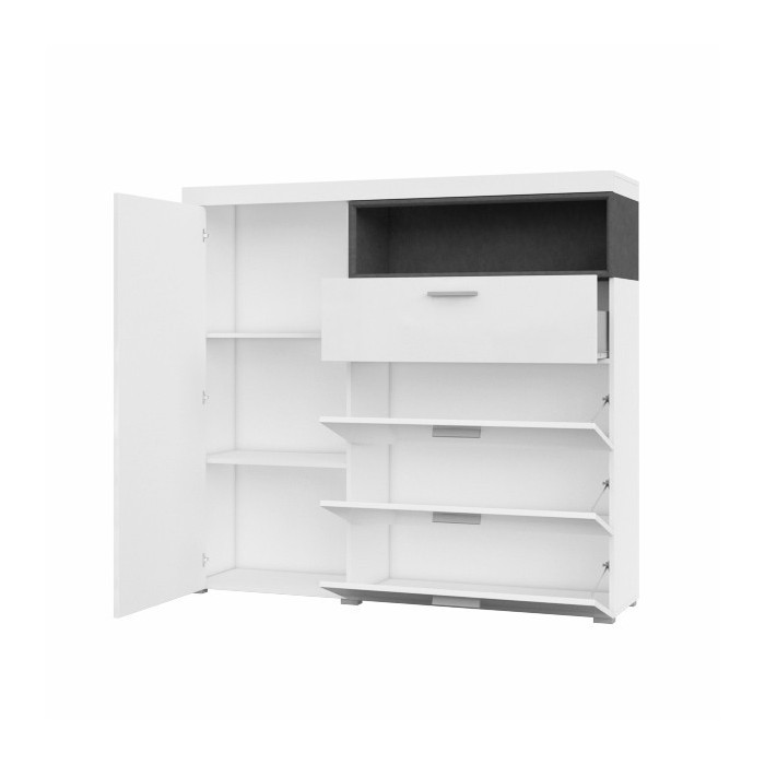 Buffet haut collection BONO avec 1 porte, 4 tiroirs et 1 niche. Couleur blanc et gris.