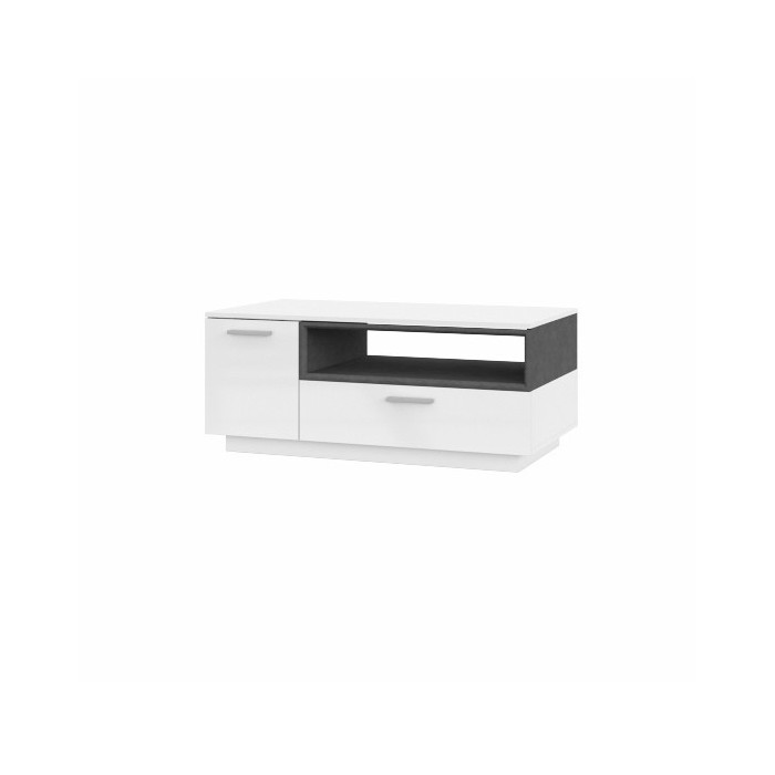 Table basse design collection BONO avec deux portes et une niche. Couleur blanc et gris.