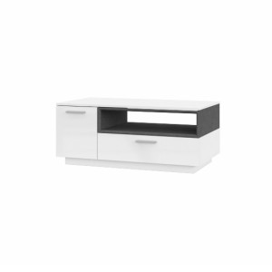 Table basse design collection BONO avec deux portes et une niche. Couleur blanc et gris.