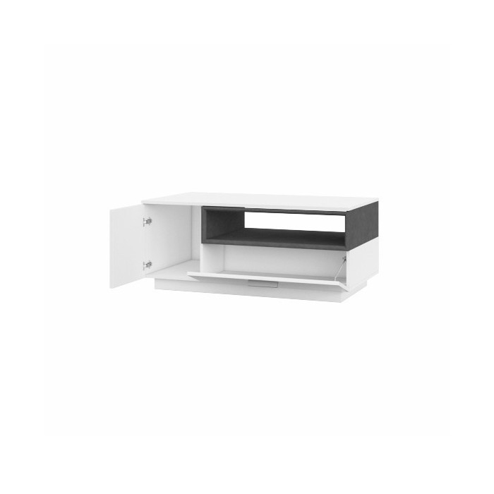 Table basse design collection BONO avec deux portes et une niche. Couleur blanc et gris.