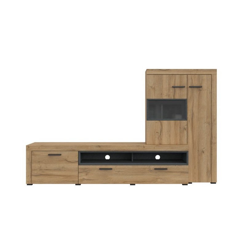 Meuble TV avec vitrine intégrée collection BONO. Couleur chêne et gris anthracite. 4 portes