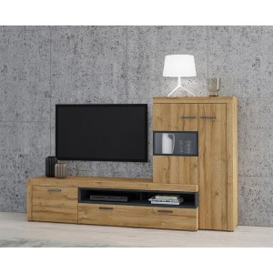 Meuble TV avec vitrine intégrée collection BONO. Couleur chêne et gris anthracite. 4 portes