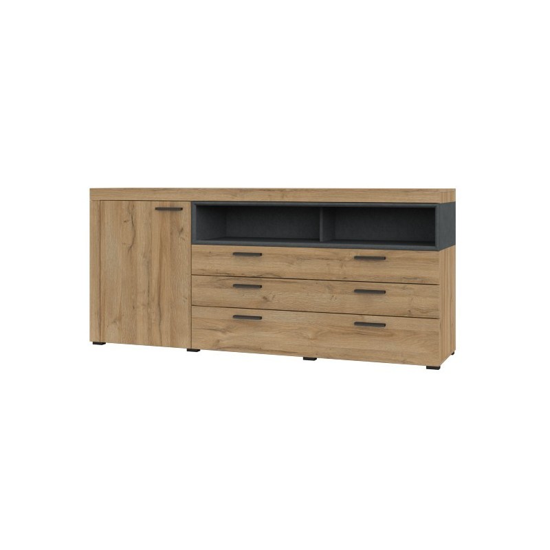 Buffet 190cm collection BONO 2 portes, 2 tiroirs et 2 niches. Couleur chêne et gris