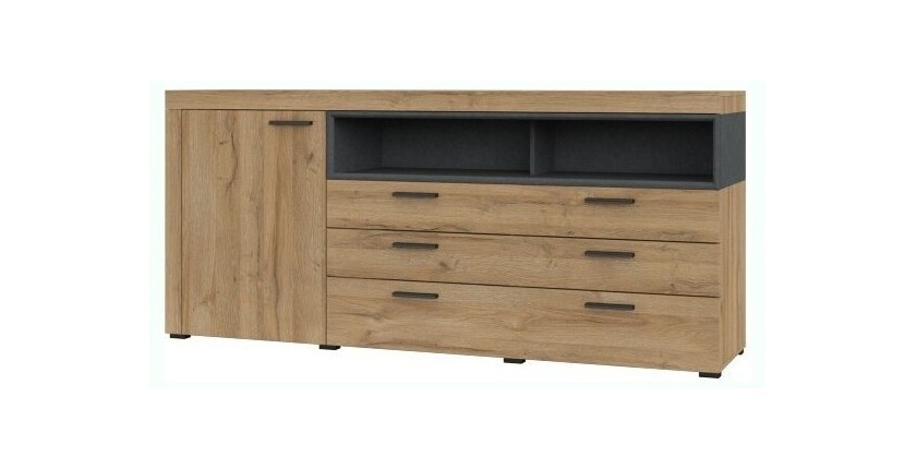 Buffet 190cm collection BONO 2 portes, 2 tiroirs et 2 niches. Couleur chêne et gris