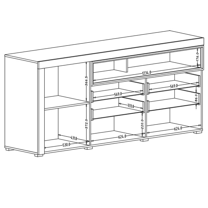 Buffet 190cm collection BONO 2 portes, 2 tiroirs et 2 niches. Couleur chêne et gris