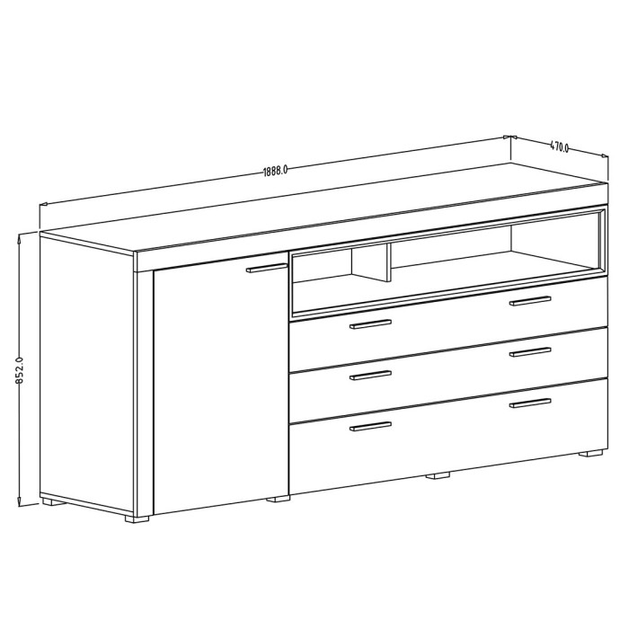 Buffet 190cm collection BONO 2 portes, 2 tiroirs et 2 niches. Couleur chêne et gris