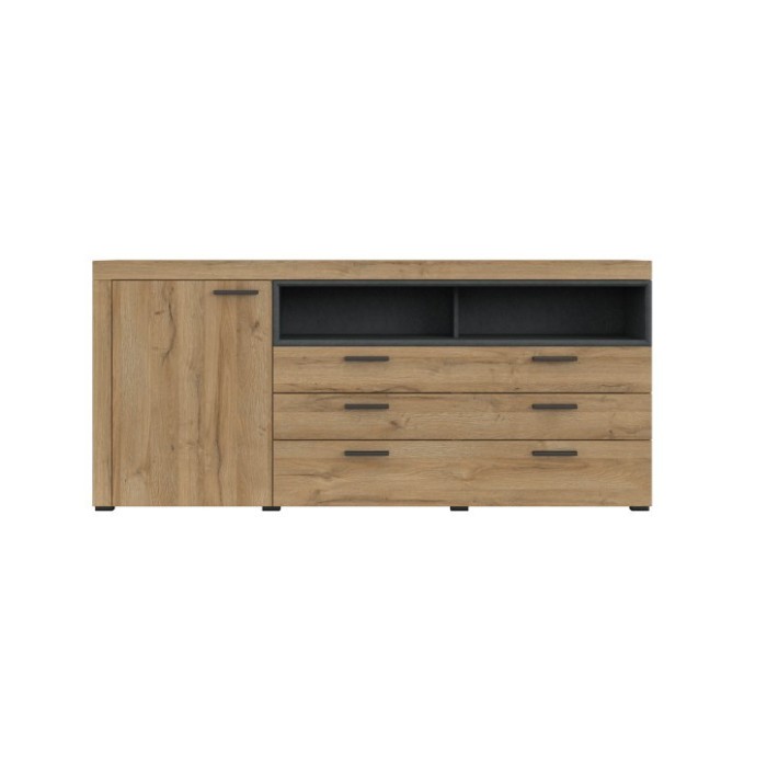 Buffet 190cm collection BONO 2 portes, 2 tiroirs et 2 niches. Couleur chêne et gris