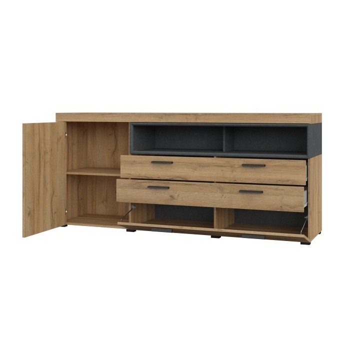 Buffet 190cm collection BONO 2 portes, 2 tiroirs et 2 niches. Couleur chêne et gris