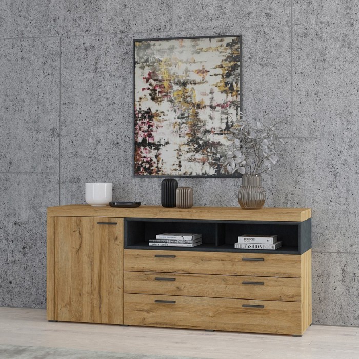 Buffet 190cm collection BONO 2 portes, 2 tiroirs et 2 niches. Couleur chêne et gris