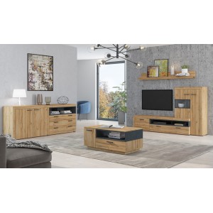 Buffet 190cm collection BONO 2 portes, 2 tiroirs et 2 niches. Couleur chêne et gris