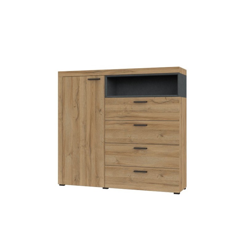 Buffet haut collection BONO avec 1 porte, 4 tiroirs et 1 niche. Couleur chêne et gris.