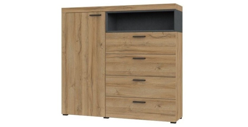 Buffet haut collection BONO avec 1 porte, 4 tiroirs et 1 niche. Couleur chêne et gris.