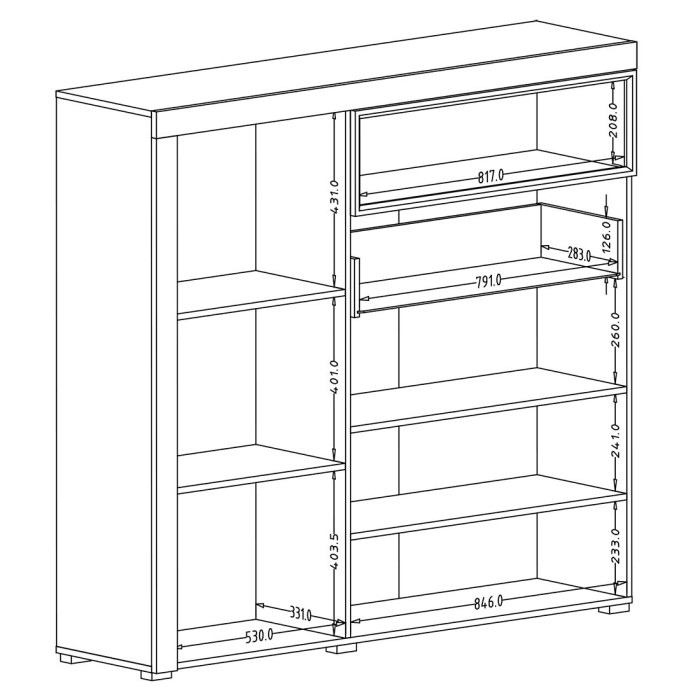 Buffet haut collection BONO avec 1 porte, 4 tiroirs et 1 niche. Couleur chêne et gris.