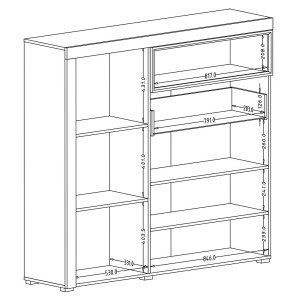 Buffet haut collection BONO avec 1 porte, 4 tiroirs et 1 niche. Couleur chêne et gris.