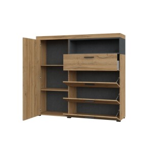 Buffet haut collection BONO avec 1 porte, 4 tiroirs et 1 niche. Couleur chêne et gris.