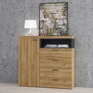 Buffet haut collection BONO avec 1 porte, 4 tiroirs et 1 niche. Couleur chêne et gris.