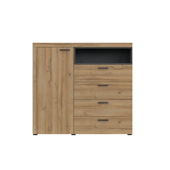 Buffet haut collection BONO avec 1 porte, 4 tiroirs et 1 niche. Couleur chêne et gris.