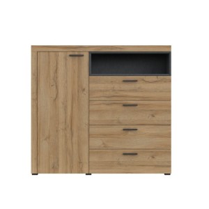 Buffet haut collection BONO avec 1 porte, 4 tiroirs et 1 niche. Couleur chêne et gris.