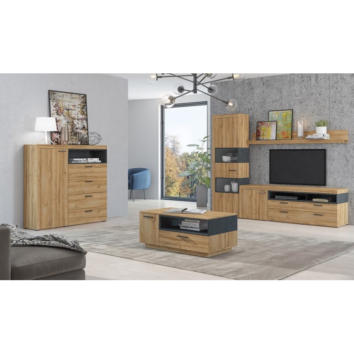 Buffet haut collection BONO avec 1 porte, 4 tiroirs et 1 niche. Couleur chêne et gris.