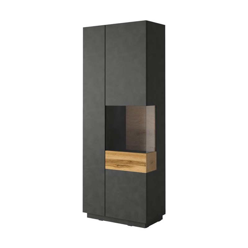 Vitrine collection KILES coloris gris anthracite et chêne. Modèle vitrine à droite. LED intégrée