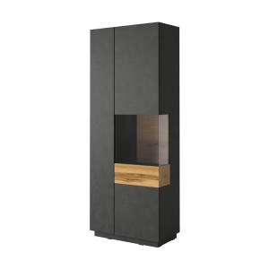 Vitrine collection KILES coloris gris anthracite et chêne. Modèle vitrine à droite. LED intégrée