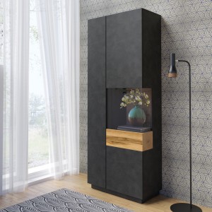 Vitrine collection KILES coloris gris anthracite et chêne. Modèle vitrine à droite. LED intégrée
