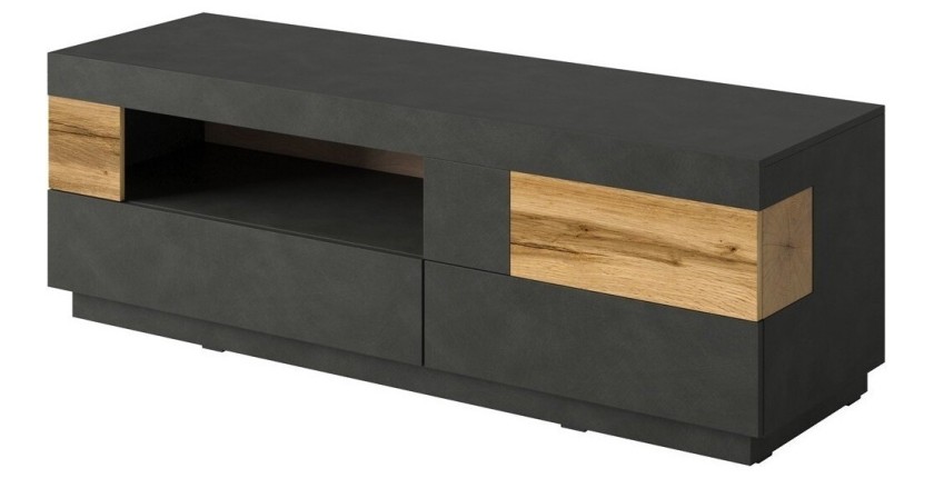 Meuble TV 160cm collection KILES. Coloris gris anthracite et chêne. Style design.