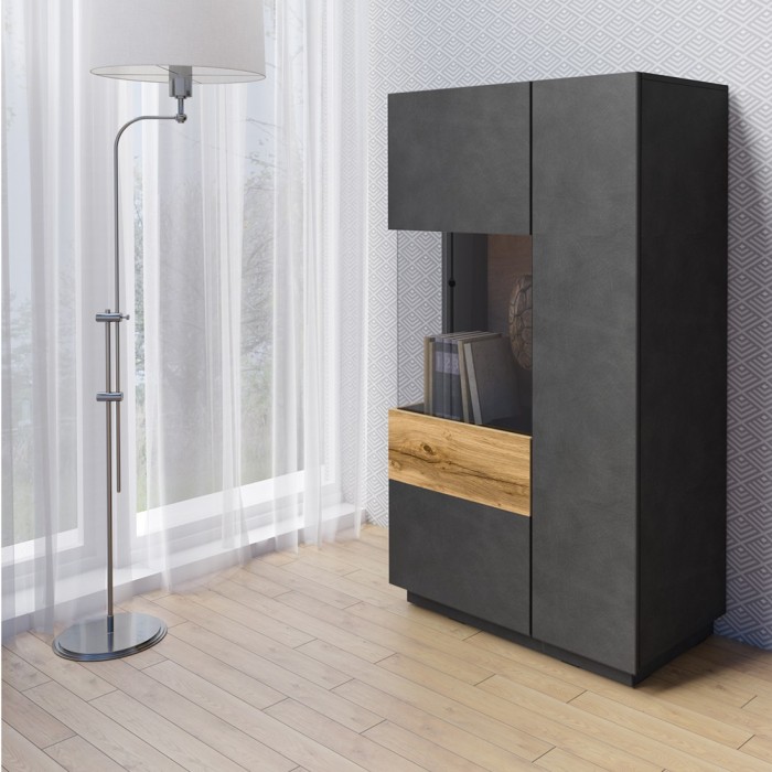 Buffet haut avec LED collection KILES deux portes. Coloris gris anthracite et chêne. Porte vitrée à gauche