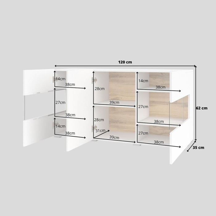 Buffet 120cm collection EVA 3 portes. Couleur blanc et chêne.