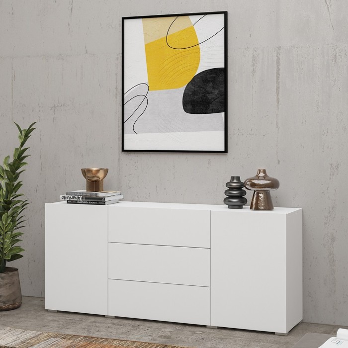 Buffet 140cm collection EVA 2 portes et 3 tiroirs. Couleur blanc et chêne.